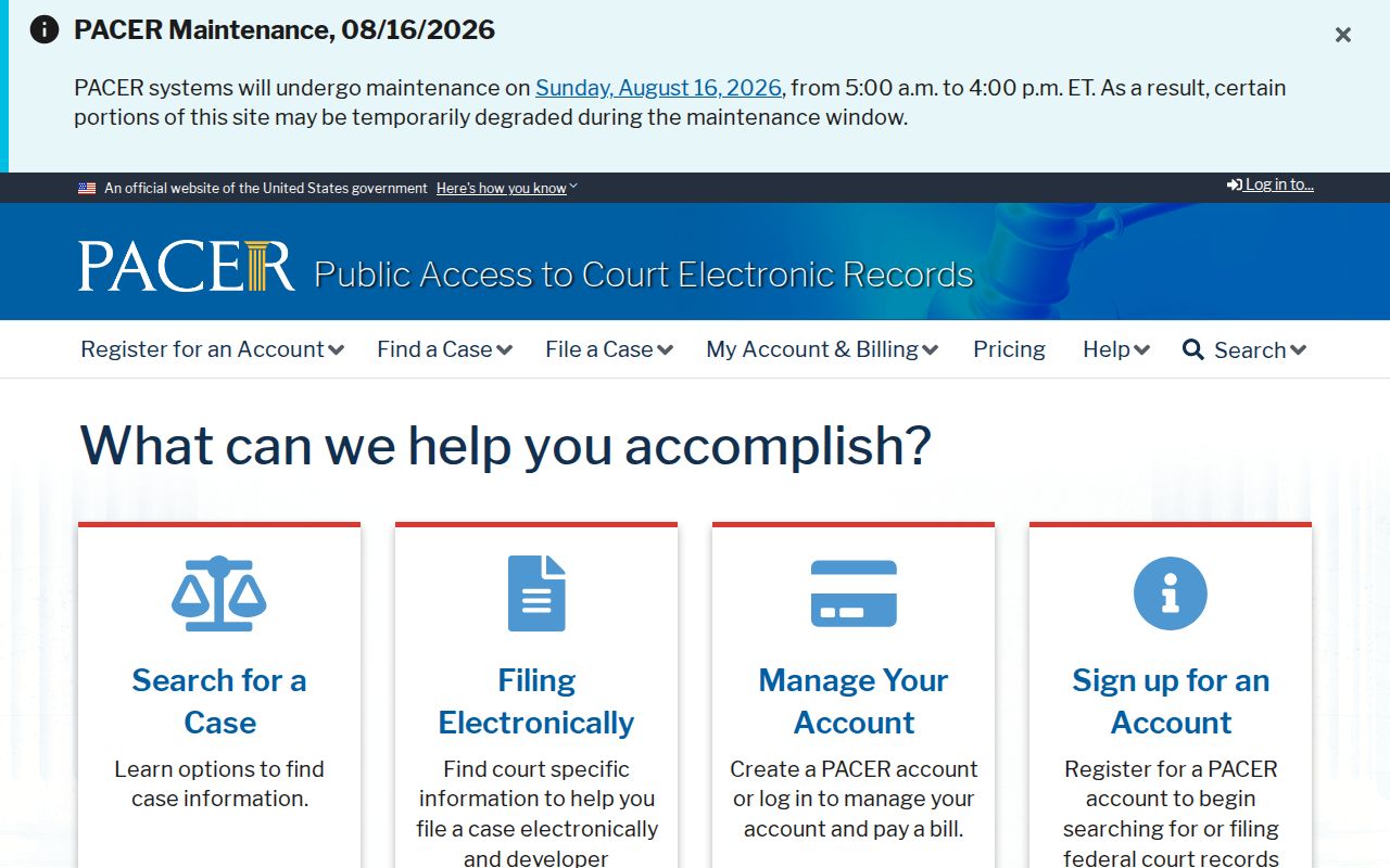 PACER federal court registration and docket search information