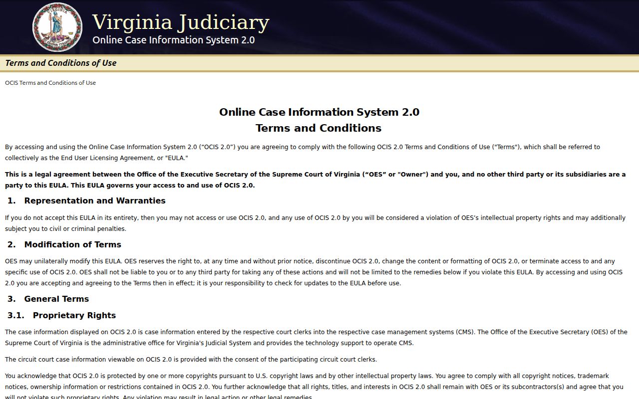 Virginia OCIS 2.0 public criminal court case search interface