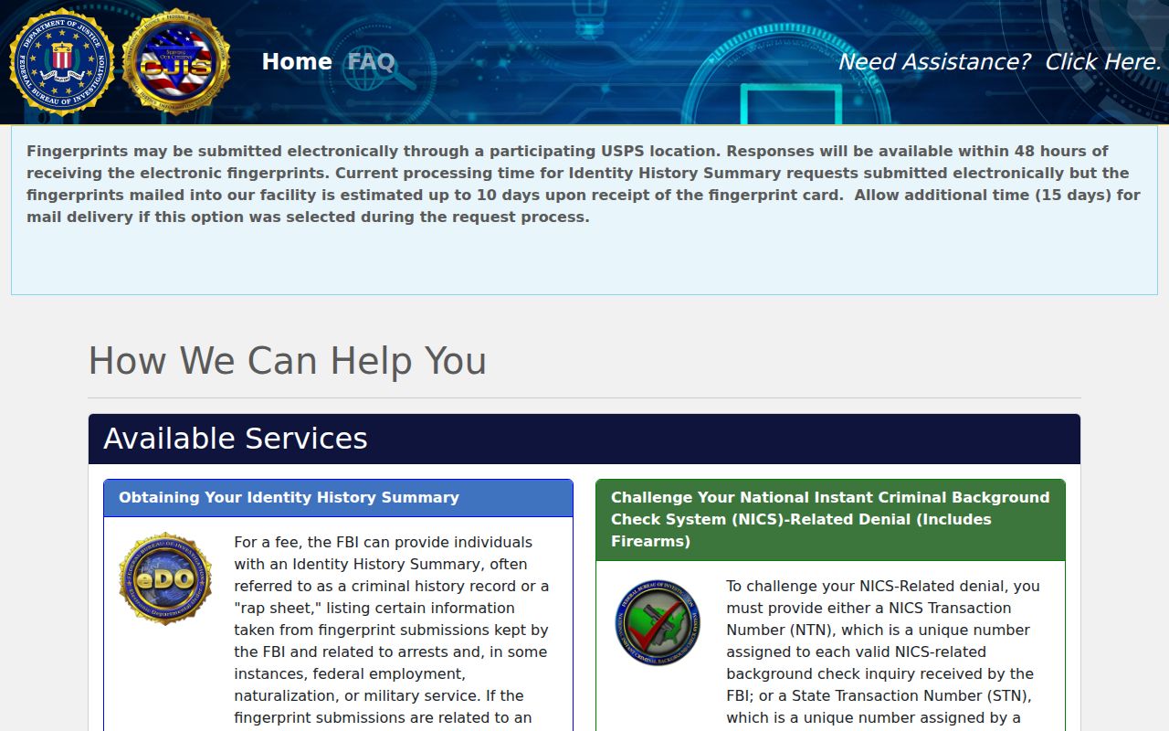 FBI electronic identity history option for a Rockingham County record review