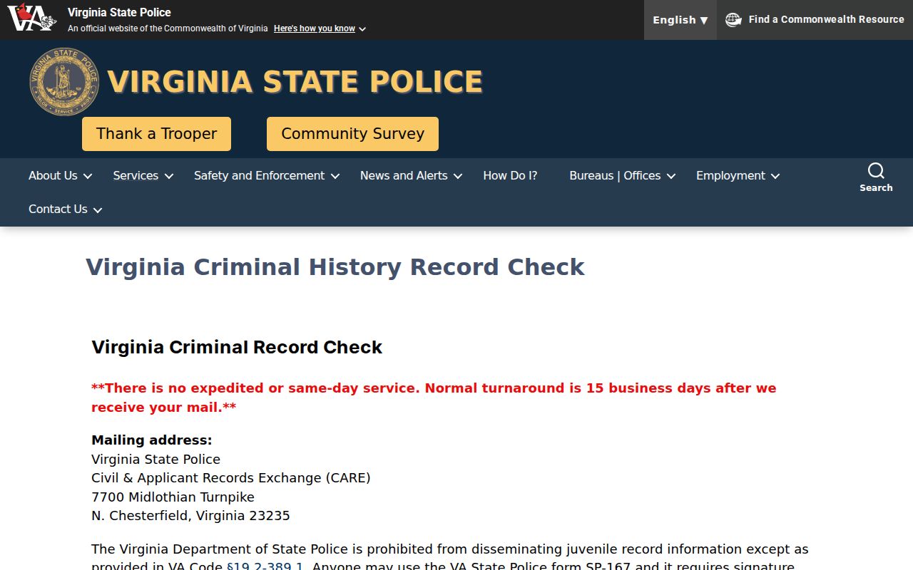 Virginia SP-167 process for a Rockingham County criminal history check