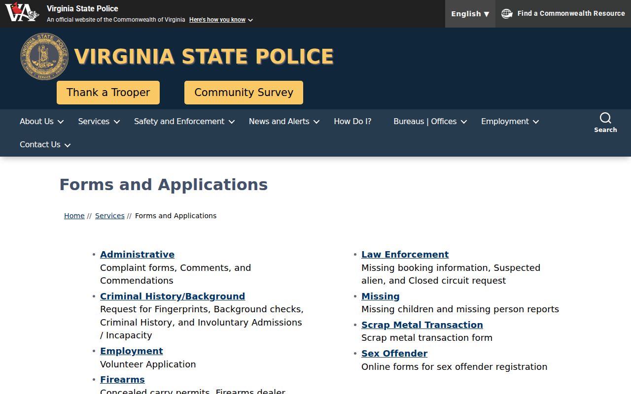Rockingham County sex offender search resources on the Virginia State Police forms page