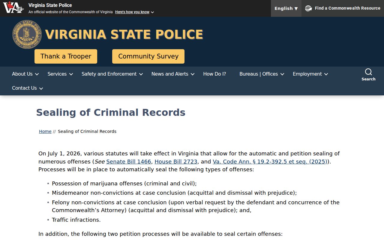 Rockingham County sex offender record context on the VSP sealing guidance page